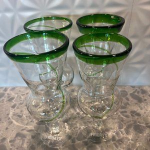 3 TGI FRIDAYS Green Swirl Hand Blown Hurricane Glass 8.25" Daiquiri Barware Set